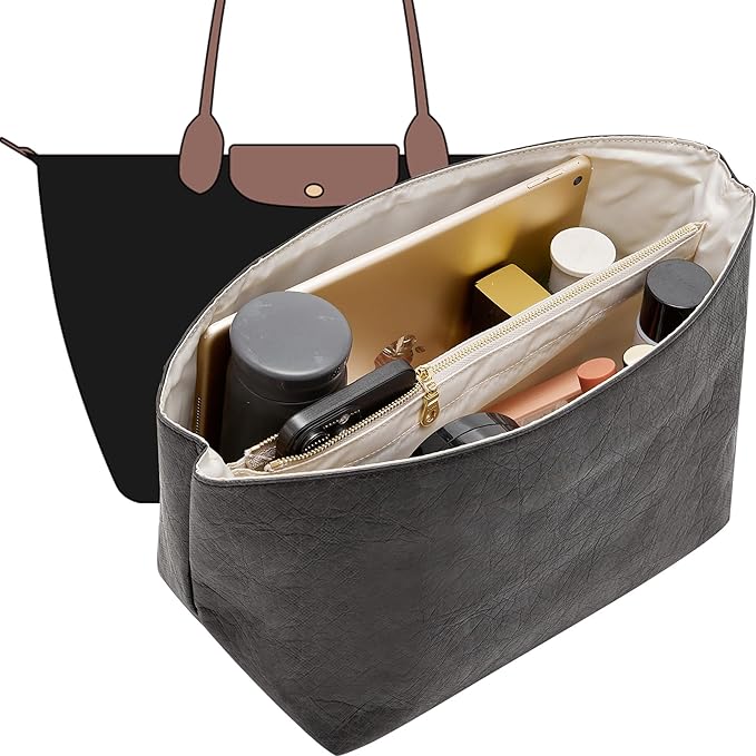 Doxo Long Champ Organizer Insert, Bag Organizer Insert for le pliage Large and More, Lightweight Waterproof DupontPaper, Keeps Handbags Shaped & Neat, 6 Compartments, 4 Size (Black-white, L)