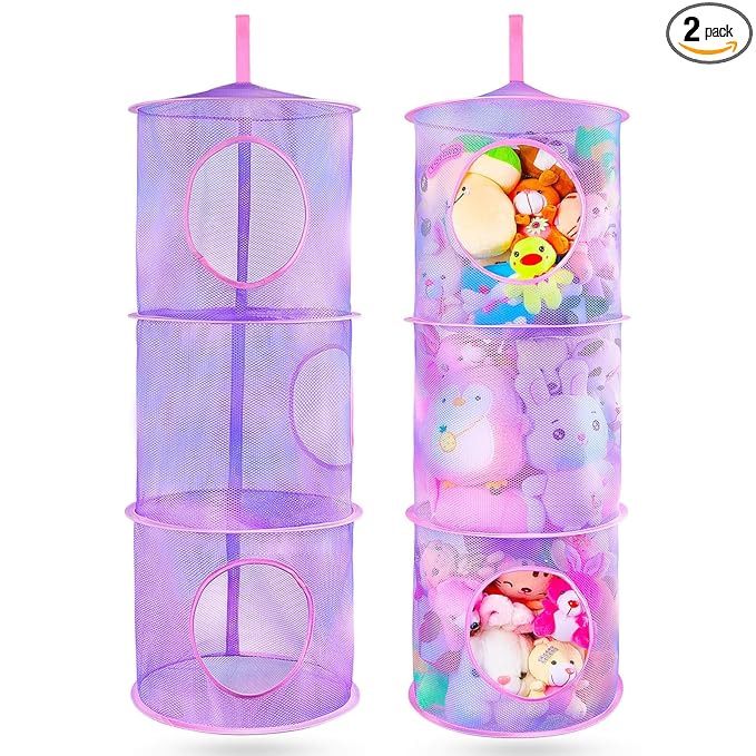 Basumee Stuffed Animals Net or Hammock 2 Pcs Stuffed Animals Storage Toy Net Hammock for Plushies Storage Organizer Mesh Kids Girls Room Decor, Purple, 3 Tiers