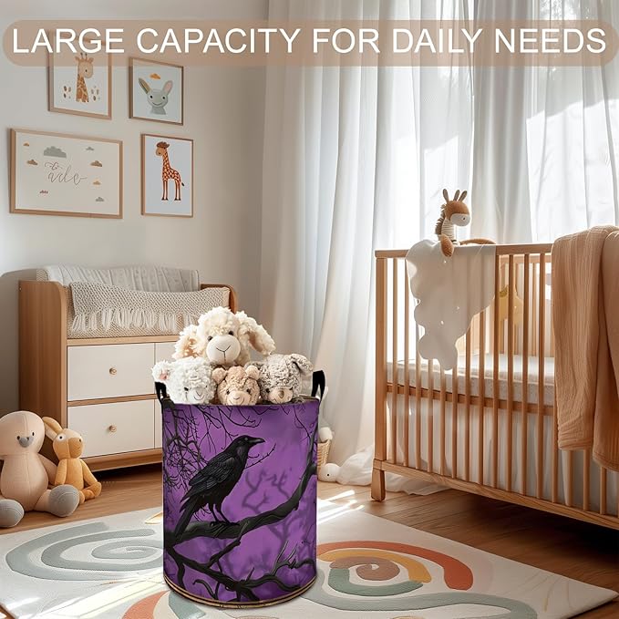 Gothic Raven Laundry Basket Hamper 19.7"x15.8", Crow Foldable Waterproof Oxford Clothes Storage Bucket for Room Bathroom Bedroom Nursery Decor, Toy Organizer Bins Gifts for Kids Boys Girls