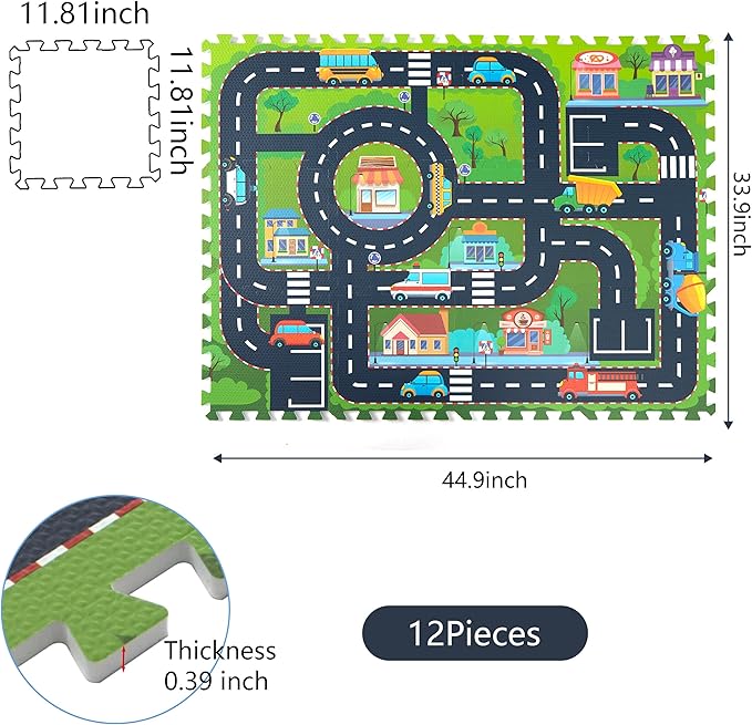 PLAY 10 Foam Play Mat for Baby, Interlocking Foam Tiles, City Road Track Puzzle Mat 12 Pieces