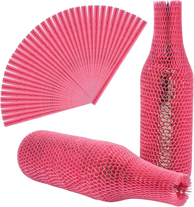 Wine Bags for Travel Honeycomb Paper, 36 Set Reusable Glass Liquor Bottle Sleeves, Proof Hardened Safety and Impact Resist for Shipping Packing Transport Pink