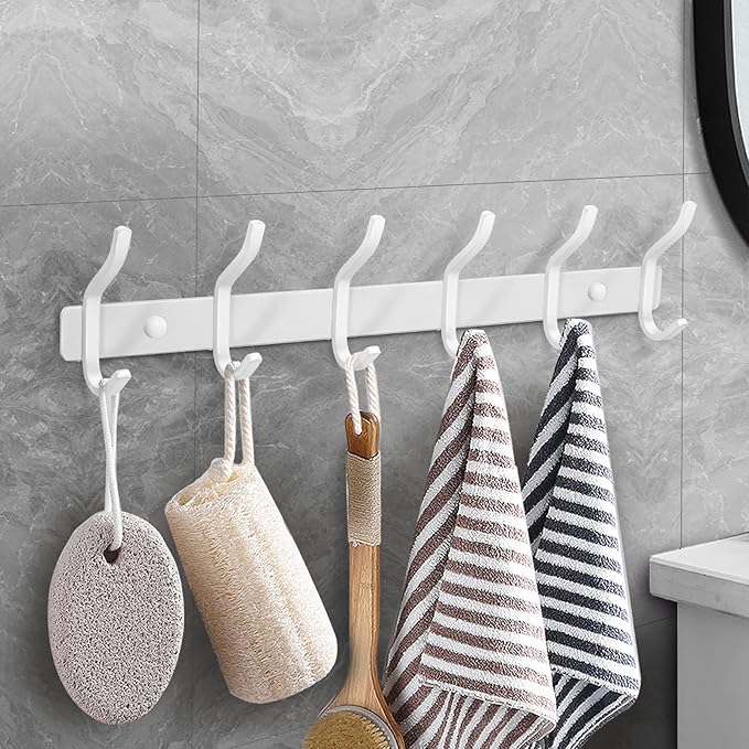 HAMUTH White Wall Hooks Heavy Duty, 17 Inch Coat Hooks Wall Mount with 6 Hooks, Wall Hooks Hangers for Entryway, Bathroom - for Hanging Backpack, Bag, Coat, Purse, Hat, Towel, Clothes