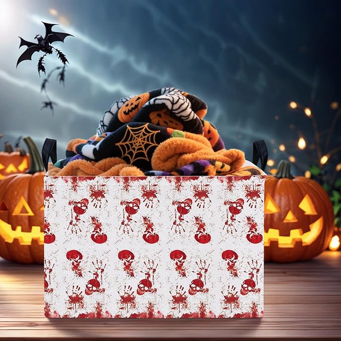 ASKETAM Halloween Basket Gift Terror Ghost Parties Decor Kid Trick or Treat Basket for Boys and Girls Rectangular Storage Bin Box (Blood Fingerprint)