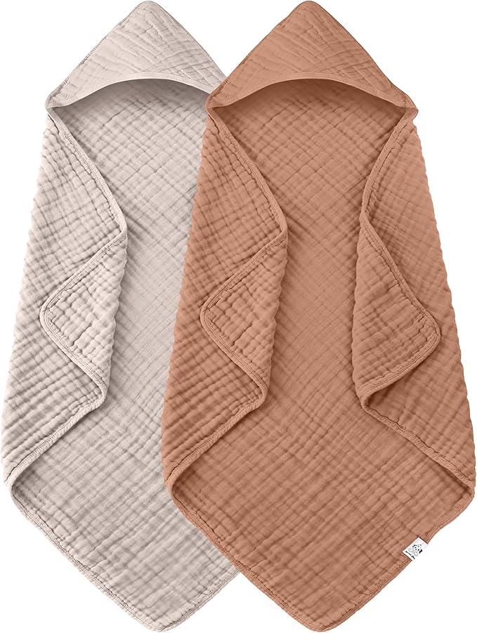 Spotted Play 2 Pack Hooded Baby Towels - 100% Muslin Cotton for Newborns, Infants, Toddlers - Large 32x32 Inch Size - Highly Absorbent and Essential for Newborn Care, Light Bean Paste