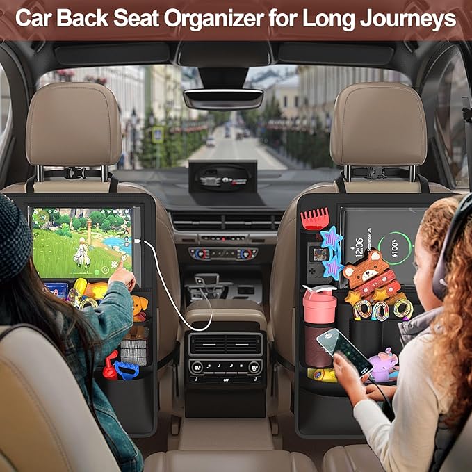Oneyus Backseat car Organizer with Touch Screen,2PACK of car organizer Kick Mats Back Seat Protector with 10pcs Storage Pockets,Car Seat Back Organizers Storage for Kids road trip essentials