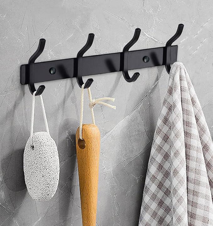 HAMUTH Wall Hooks Heavy Duty, 12 Inch Coat Rack Wall Mount with 4 Hooks, Black Wall Hooks for Entryway, Bathroom - for Hanging Backpack, Bag, Coat, Purse, Hat, Towel, Clothes,2 Packs