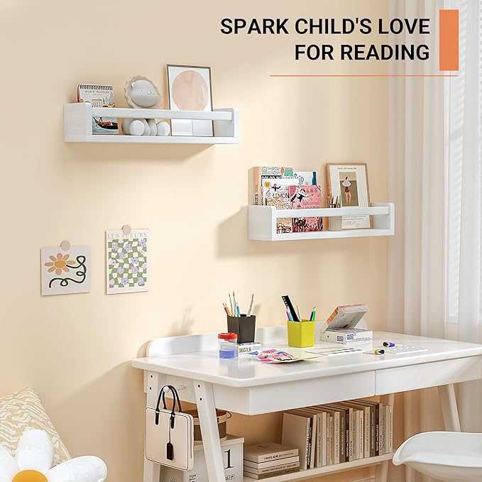 Heimlove Nursery Floating Shelves, Solid Wood Nursery Book Shelves for Wall, 16 inch Bookshelf for Kids, Wall Mounted Shelves for Books,Toys and Decor Storage, Set of 2 (White)