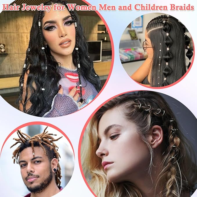 Lucomb 220 Pcs Silver Hair Jewelry for Braids, Loc Jewelry for Hairs Dreadlock, Hairs Charms for Women, Metal Braid Rings Cuffs Clips for Dreadlock Accessories Hair Braids Accessories Decorations