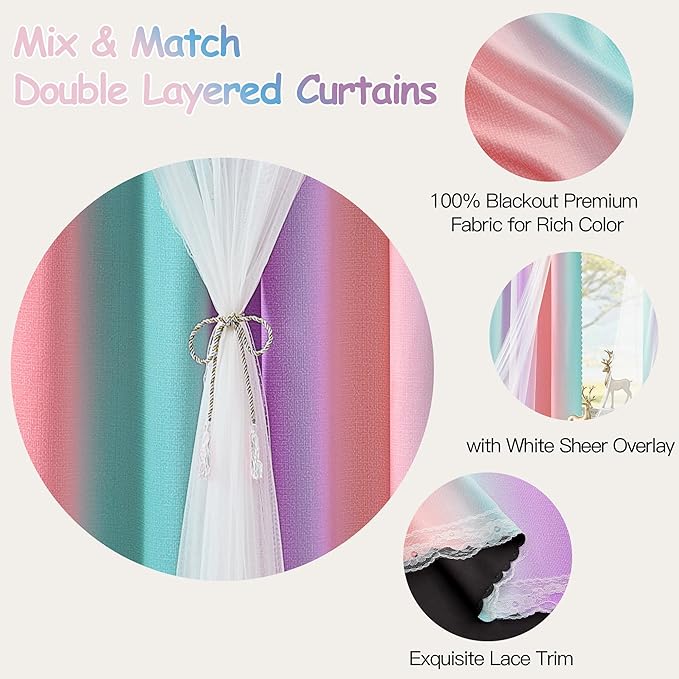 XiDi Blackout Curtains for Girls Kids Bedroom 63 Inches Long 2 Panels Thermal Insulated Colorful Rainbow Pink Curtains with Sheer Overlay Unicorn Wall Decor Princess Drapes Pink Purple Green 34Wx63L