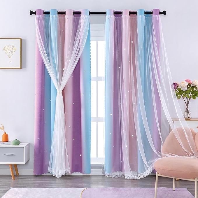 XiDi Girls Curtains for Bedroom 2 Panel Set, Thermal Insulated Window Ombre Panels, Rainbow Pink Drapes for Kids Room Unicorn Wall Decals, Black Out Curtains 45 Inch Long Pink/Purple/Blue 52x45