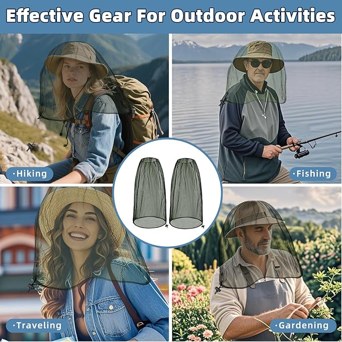 2 Pack Ultra Large Mosquito Net 42x25 Inches Mosquito Head Net Oversized Insect Netting Bug Fits Most Hats for Gardening Hiking Fishing Traveling(Army green)