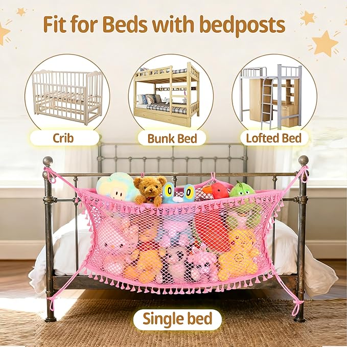 Stuffed Animal Storage Net, Large Bedside Toy Organizer Net, Cotton Plushie Toy Storage Hammock with Tether for Stuffed Animals Room Organization (Pink, 2 Pack)