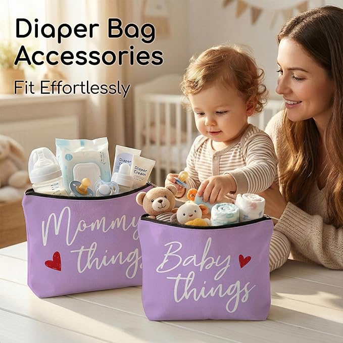 Mommy and Baby Matching Pouch Set, Mommy Things and Baby Things Bags, Gifts for New Moms Expecting Moms, Matching Travel Cases, Purple Set of 2