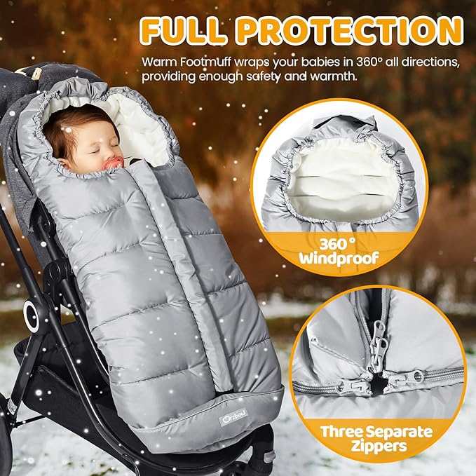 Orzbow Universal Footmuff for Baby, Winter Warm Stroller Bunting Bag, Waterproof Windproof Warm Coral Fleece Lined Toddler Sleeping Bag, Light Grey
