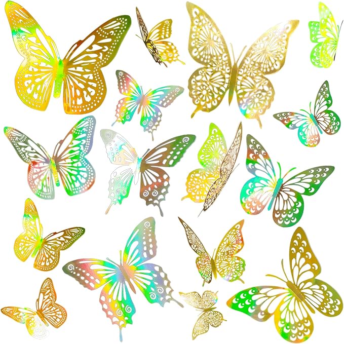 JOSDIOX 3D Laser Gold Butterfly Wall Stickers - 48 Pcs with 4 Styles & 3 Sizes, Removable Decor for Party Birthday Wedding Cake Balloon Decoration (48 Laser Gold)