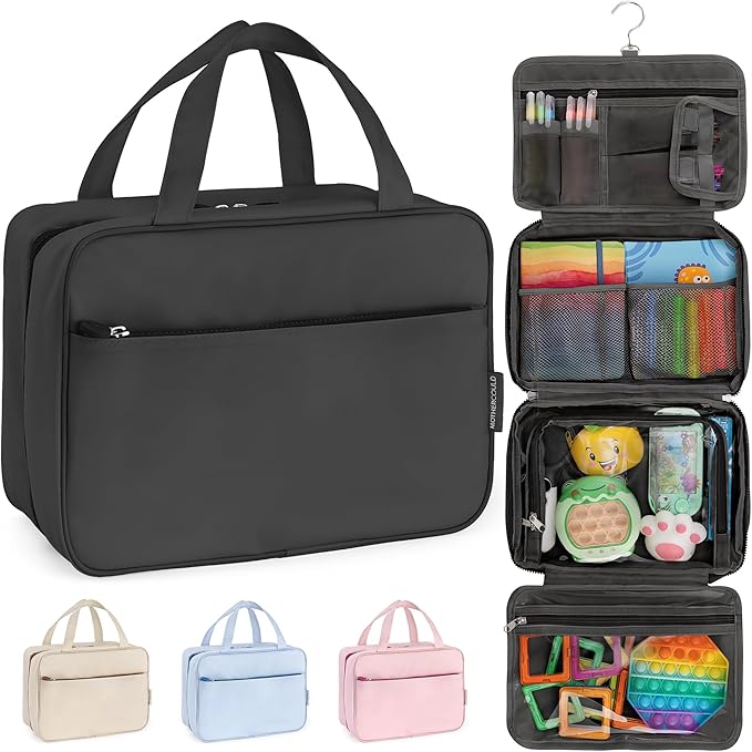 Kids Travel Organizer - Multi-Compartment, Water-Resistant Hanging Bag for Toys, Snacks, & Activities - Compact, Lightweight Design with Hook & Carry Handle - Perfect for Travel Use (Black, Large)