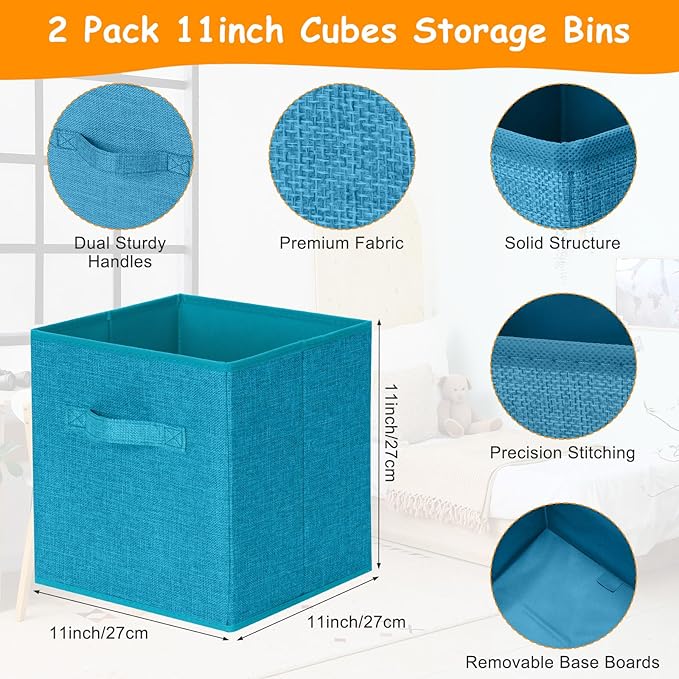 Fiwochic 3 Pack 23" Large Toy Storage Box with 11" Cubes Bins, Collapsible Toy Organizer Chest with Lids for Kids Nursery Playroom Bedroom Living Room Christmas Ornament Storage Box(Blue)
