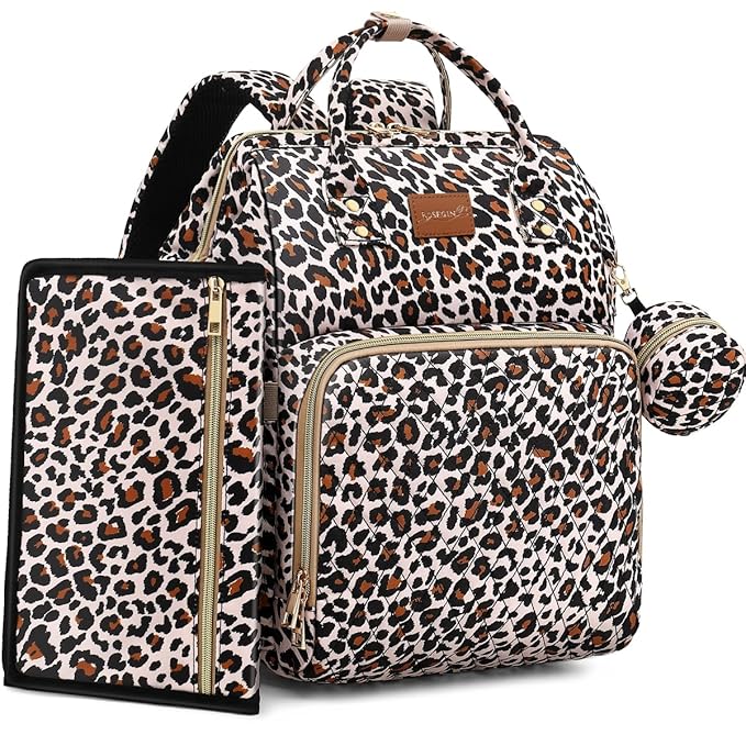 ROSEGIN Diaper Bag Backpack with Changing Pad, Pacifier Case, Baby Bag for Boy Girl Toddler - Large, Stylish, Waterproof Travel Quilted Diaper Bag for Mom - Baby Shower - Cheetah