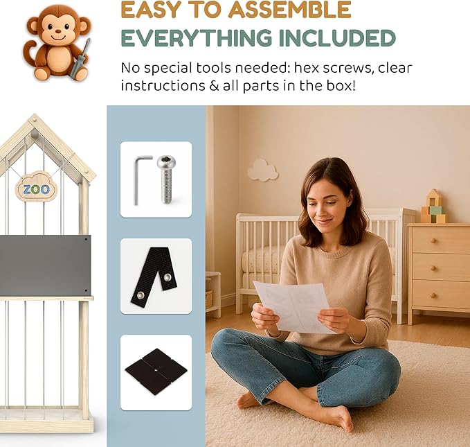 Paquber Stuffed Animal Storage Zoo & Stuffed Animal Holder - Wooden Plush Toy Storage for Kids Room | Natural Pine Wood Toy Organizer with Chalkboard and Elastic Cords