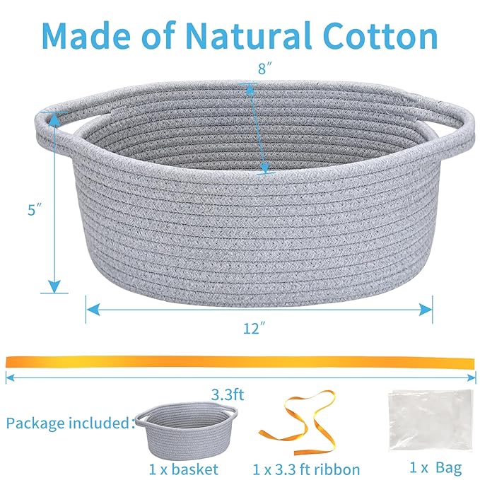 ABenkle Small Basket with Gift Bags and Ribbons, Empty Gift Baskets for Mother's Day, Decorative Boho Rope Woven Nursery Storage Organizer Toy Baskets with Handle for Baby Showers, 12"X 8" X 5"