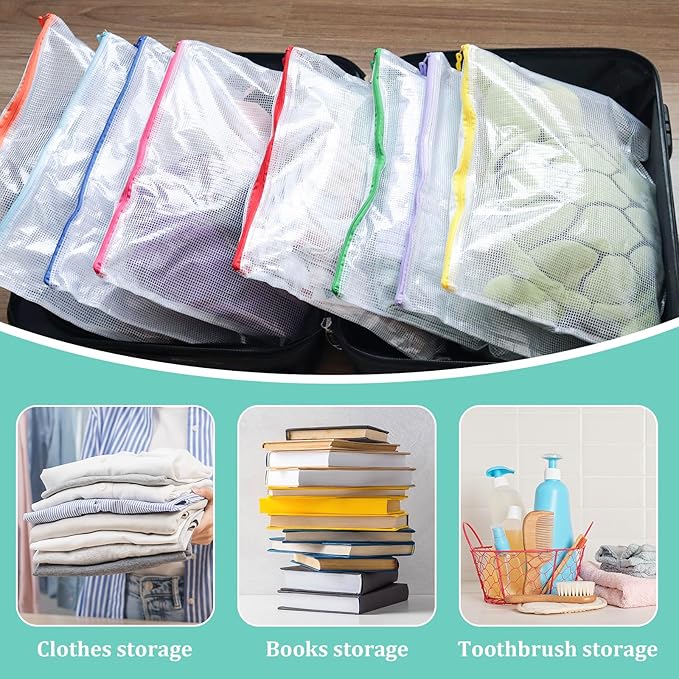 VVCOIIROEI Mesh 24pcs Zipper Pouch Bags - A3 Size, 8 Color Mesh Zipper Pouches for Organizing, Board Game, Travel, School & Office