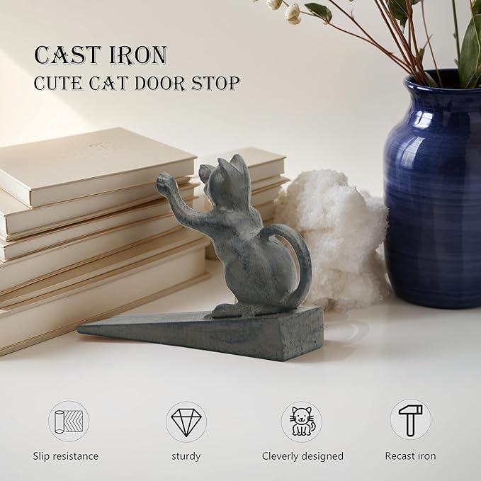 Cat-Shaped Door Stopper for Indoor Use - Non-Scratch Heavy Duty 2.5LB Vintage Cast Iron Cat Door Stopper, Retro-Style Home Accessory for Secure Door Holding