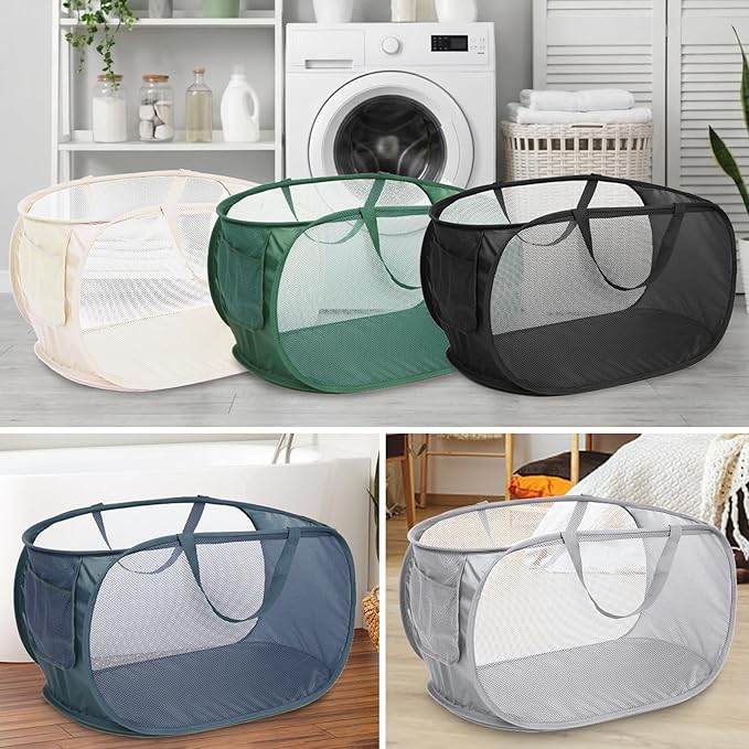 5 Pcs Durable Collapsible Laundry Baskets, Foldable Laundry Basket Large Opening, Pop Up Laundry Hamper with Pocket, Clothes Hamper with Handles for Laundry, Bathroom, Kids Room, Dorm or Trave