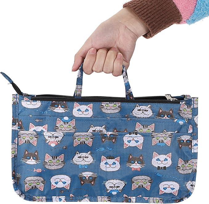 BTSKY Printing Handbag Organizers Inside Purse Insert - High Capacity 13 Pockets Bag Tote Organizer with Handle Cat