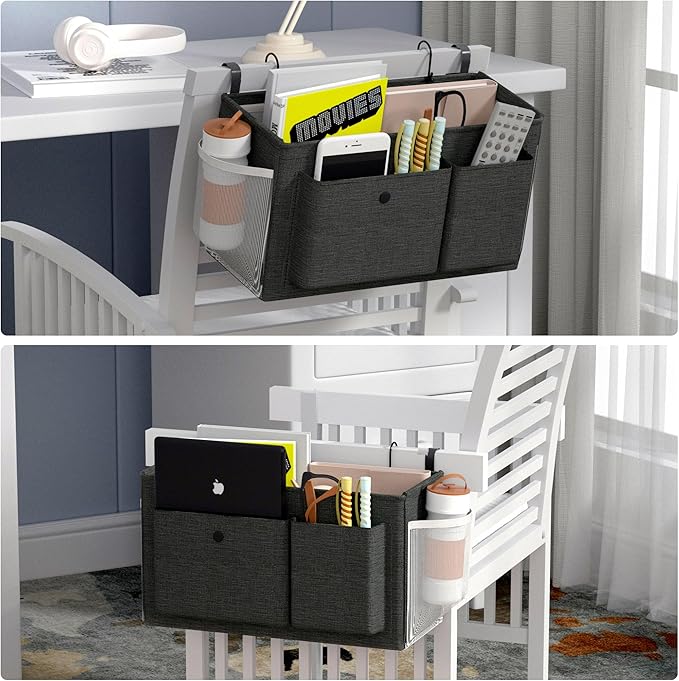 Edudif Bedside Caddy Bedside Organizer with Fixed Straps & Water Bottle Holder, Bunk Bed Caddy ideal for Home, Dorm, Hospital, Crib, Versatile Bedside Storage Solution (Black 2pcs)