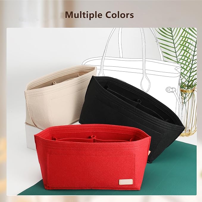 Purse Organizer Insert with Base Shaper,Felt Tote Bag Organizer Insert Compatible with Speedy 30 Neverfull MM,City 33 and More,Bag Inner Shaper for Luxury Bags,Red/L