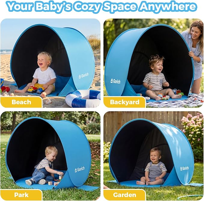 Gorich Pop Up Baby Beach Tent with UPF50+ UV Protection, Portable Toddler Sun Shelter with Mesh Ventilation, Lightweight & Foldable Play Shade Tent for Beach, Park & Backyard