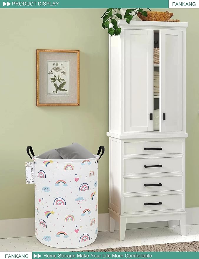 FANKANG Storage Basket, Nursery Hamper Canvas Laundry Basket Foldable with Waterproof PE Coating Large Storage Baskets for Kids Boys and Girls, Office, Bedroom, Clothes,Toys（Love Rainbow ）