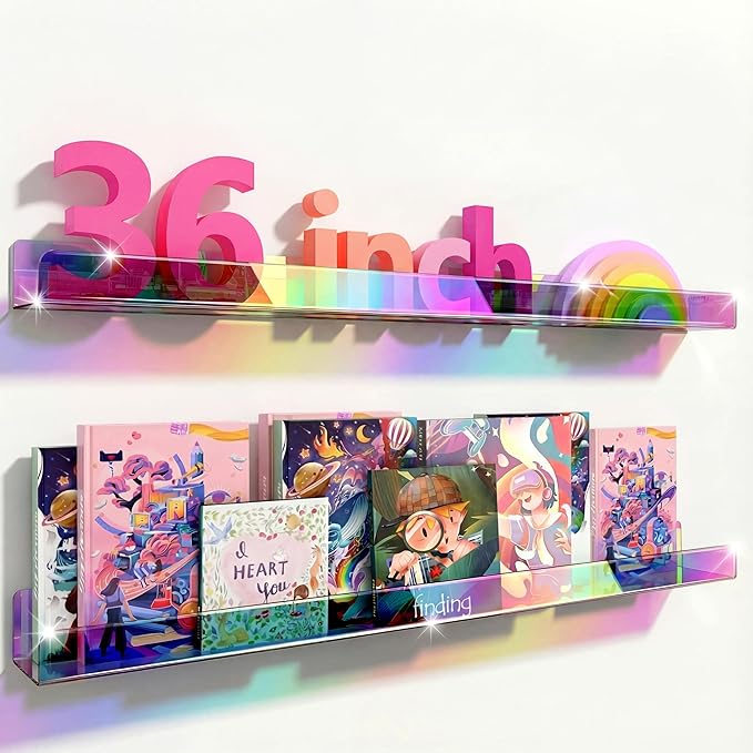 RORKIM 36 inches Iridescent Acrylic Floating Shelf,Wall Mounted Kids Bookshelf, Display Book Shelves for Kids Nursery Toddler Classroom 2 Packs