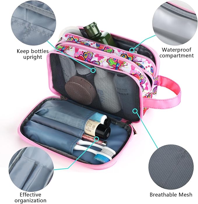 Kids Toiletry Bag for Girls, Travel Toiletry Bag for Little Young Girls Cosmetic Bag Makeup Bag Waterproof Hanging Wash Bag Toddler Toiletries, Butterfly Pink