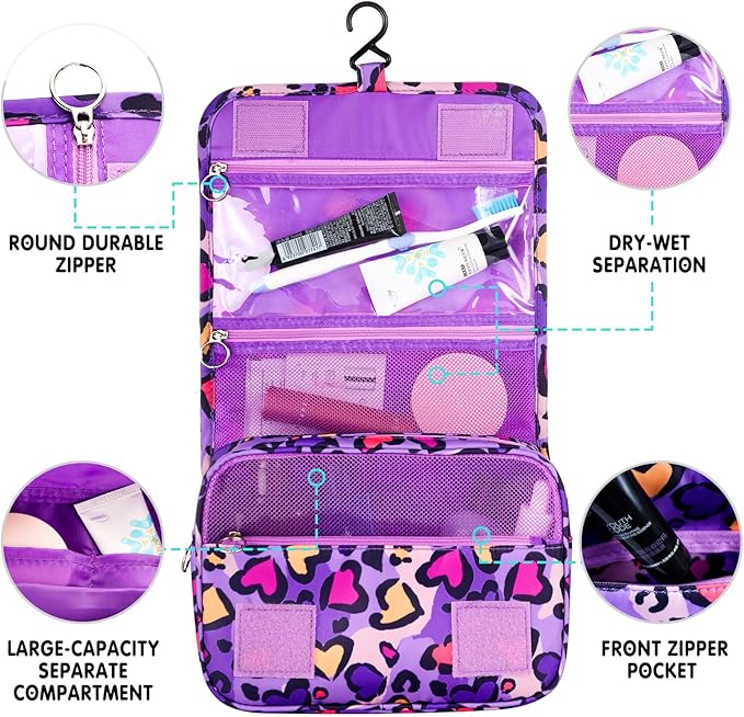 Kids Hanging Toiletry Bag for Girls, Travel Toiletry Bag for Little Young Girls Cosmetic Makeup Waterproof Wash Bag Toddler Traveling Toiletries, Leopard Purple