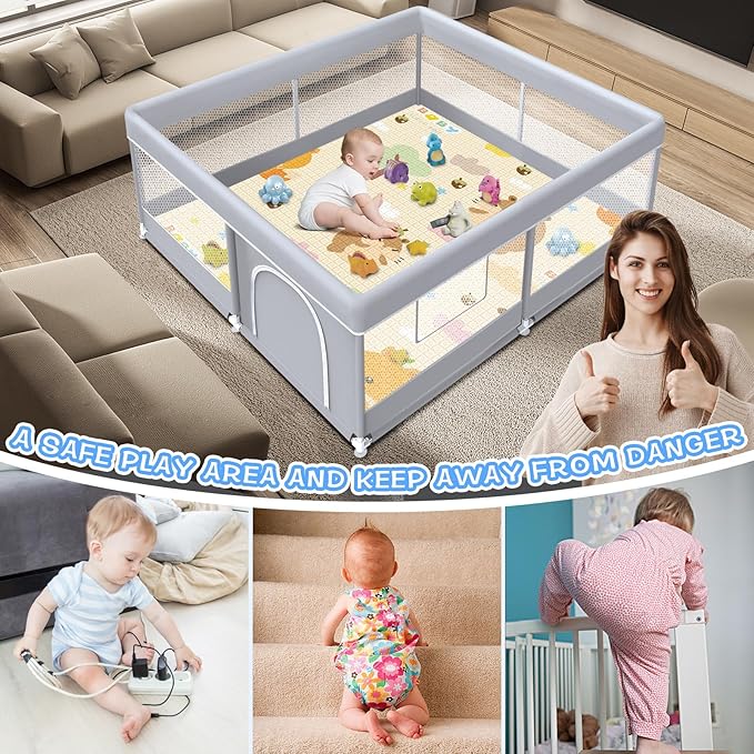 Baby Playpen with Mat, 50 x 50 Inch Play Pen Playards, Playpen for Babies and Toddlers, Baby Playard for Indoor & Outdoor Active Center Game Fence, Skin-Friendly Fabric and Soft Breathable Mesh