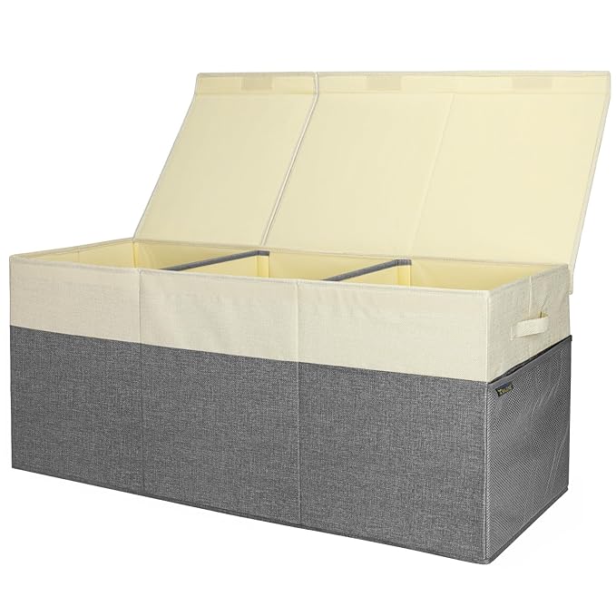 BALEINE Fabric Storage Bins with Lid, Collapsible Extra Large Storage Boxes Bins Baskets with Divider for Home Organizing (37.5"x13"x16", Grey&Beige)