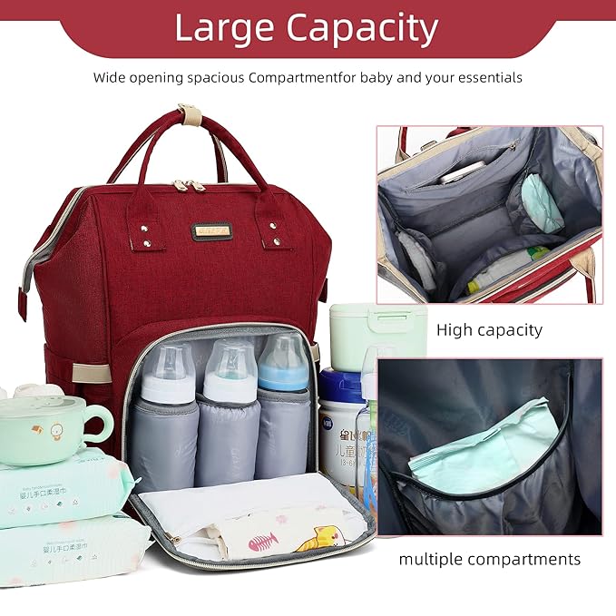 GAIVP Diaper Bag Backpack, Diaper Bags for Baby Girls Boys, Baby Bags for Moms Dads, Nappy Changing Bag with Insulated Pockets,Multi-functional Waterproof Backpack with Stroller straps-Red