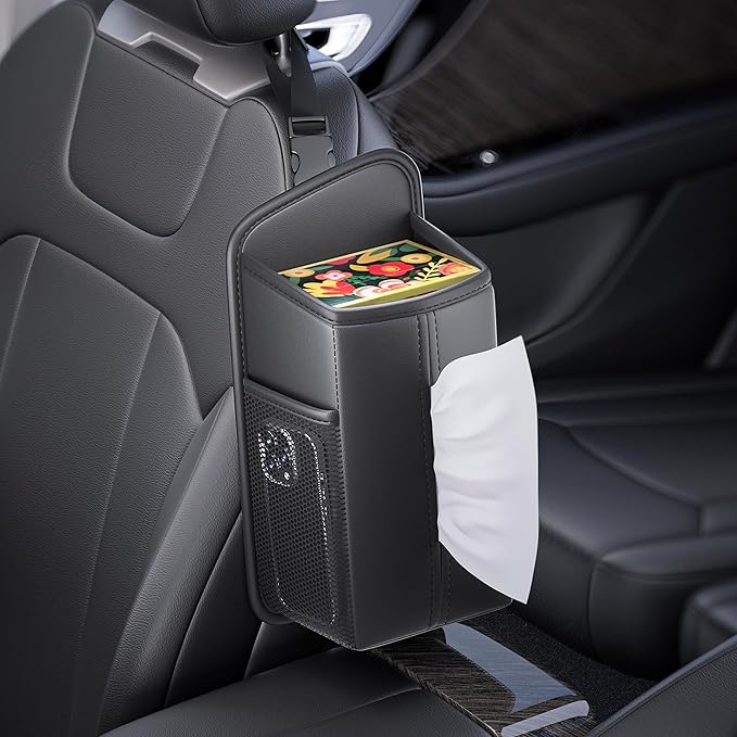 Car Tissue Holder for Front Seat, Headrest Organizer with 2 Side Mesh Pockets for Phones & Cards, tissue box cover square Fits 150 Tissues, Durable PU Leather