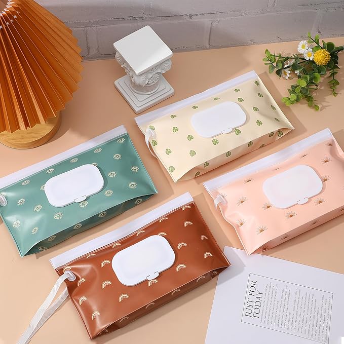 FEBSNOW 4 Pack Baby Wipes Dispenser Portable Wipes Container Refillable Wipes Holder for Diaper Bag Boho Baby Wet Wipe Pouches Reusable Tissue Case for Home Travel Outdoors