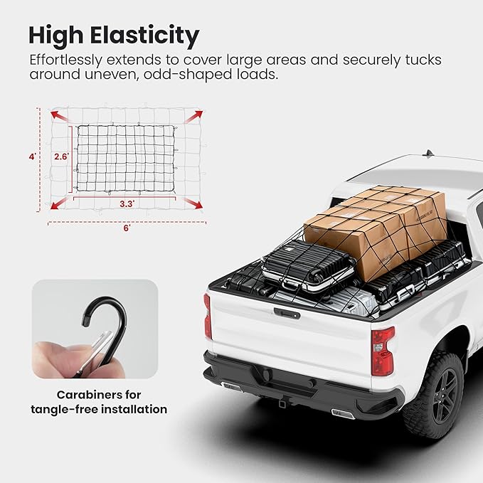 iSiMEE Cargo Net for Pickup Truck Bed, 2.6'x3.3' Stretches to 4'x6', High Elasticity 12 Carabiners & Storage Bag for SUV, Trailer & Boat