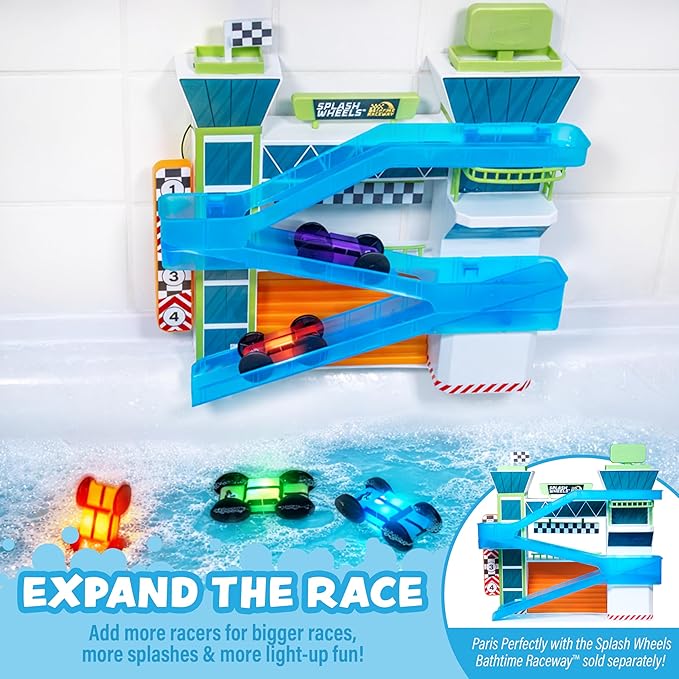 Tub Works® Splash Wheels™ Race Car Light Up Bath Toys, 3 Pack | Water-Activated Light Up Toys Flash & Change Color | Expansion Bath Cars for Bathtime Raceway Car Ramp | Fun Toddler & Kids Bath Toys