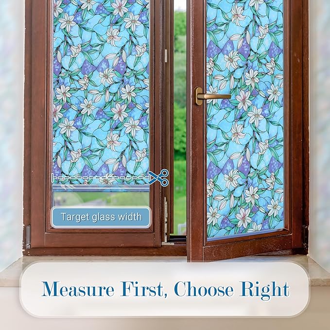 rabbitgoo Stained Glass Window Film, Anti UV Heat Blocking Privacy Film for Glass Window Door Covering, Static Cling Removable Decorative Privacy Sticker for Bathroom, Blue Lily, 23.6 x 118.1 Inches