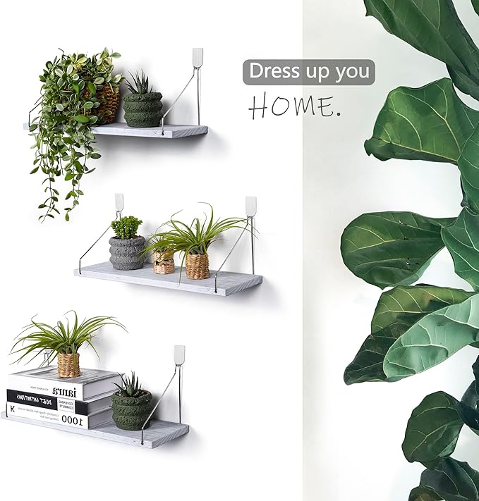 MITIME Floating Shelves Set of 3 Rustic Solid Wood Floating Shelf Wall Storage Shelves for Living Room, Bedroom, Bathroom, Kitchen Laundry, Office,no Drill Shelf(Grey and White Colour L+L+L)
