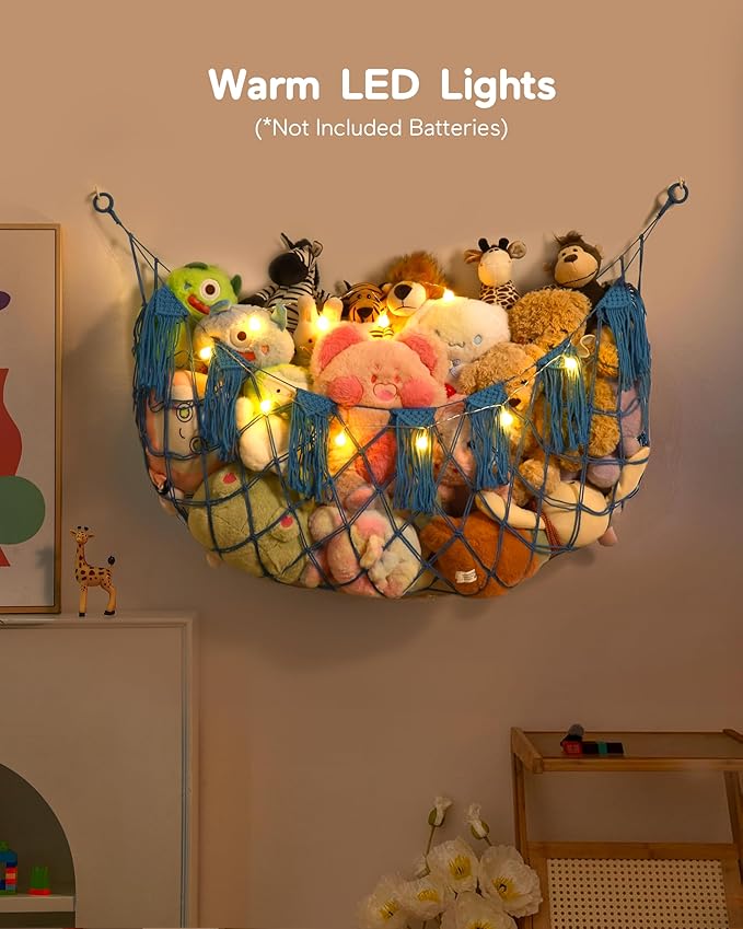 Boho Macrame Stuffed Animal Hammock with LED Lights, Wall Corner Hanging Plushie Net, Large Toy Organizer for Kids Bedroom Nursery Playroom & Dorm (Blue XL)