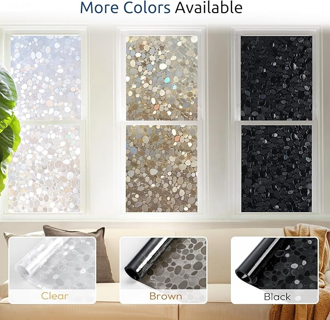 rabbitgoo Window Privacy Film, Decorative Rainbow Window Clings for Glass Covering, Static Cling Non Adhesive Door Stickers UV Blocking, Stained Glass Vinyl Decal, 3D Pebble, 35.4 x 118.1 inches