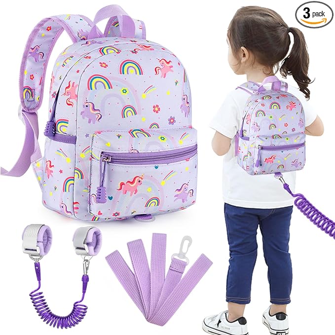 Accmor Toddler Backpack Leash, Cute Unicorn Baby Backpacks with Anti Lost Wrist Link, Mini Kids Backpack Leash Walking Harness for Outdoor Travel, Adorable Backpack Tether for Boys Girls 1-3 (Purple)