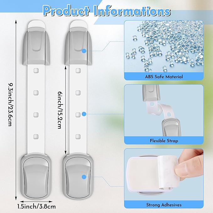 Cabinet Locks Baby Proofing - Adjustable Childproof Drawer Latches Child Safety Cabinet Lock Straps with 3M Adhesives No Drill Multi-Purpose Safety Strap for Furniture Kitchen Ovens Toilet Seats(Grey)