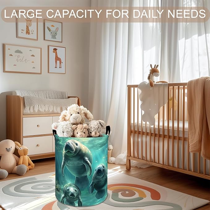 Manatee Laundry Basket Hamper 19.7"x15.8", Ocean Animal Foldable Waterproof Oxford Clothes Storage Bucket for Room Bathroom Bedroom Nursery Decor, Toy Organizer Bins Gifts for Kids Boys Girls