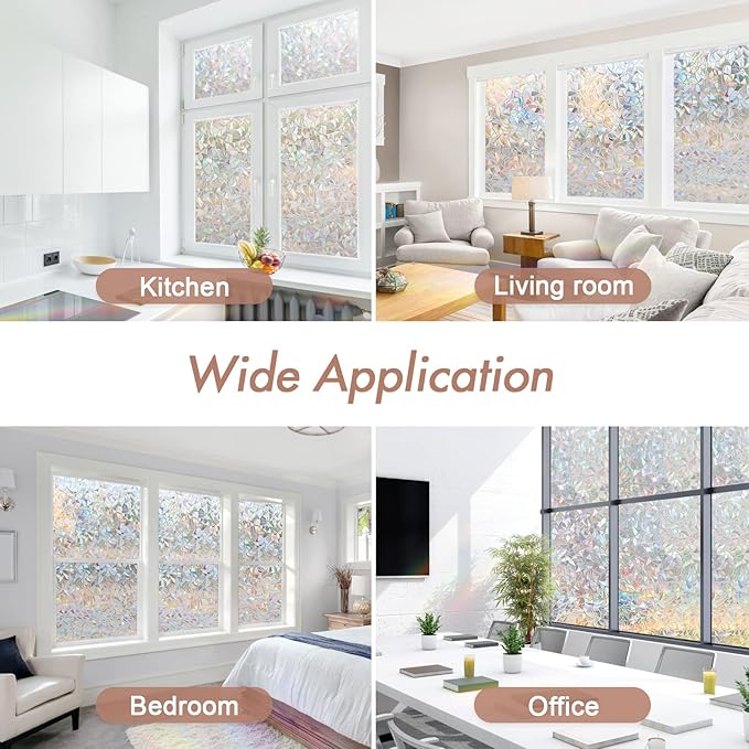 Haton Window Privacy Film, Stained Glass Rainbow Film Decorative Window Clings, Static Cling Sun Blocking Stickers Decals Coverings Tint for Home Heat Control, Non-Adhesive 17.5" x 78.7"